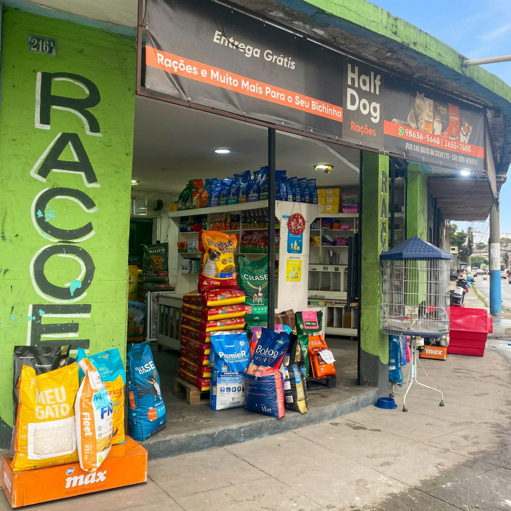 Fachada da Half Dog Rações com produtos em destaque