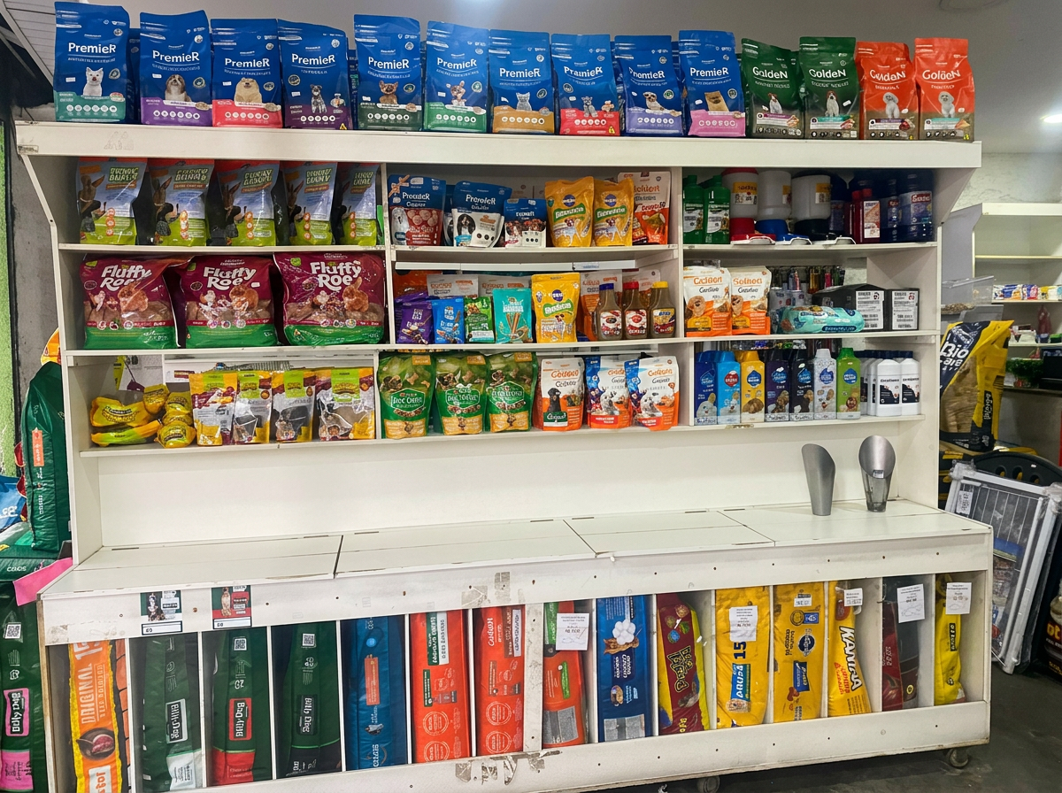 Corredor completo com rações, petiscos e medicamentos